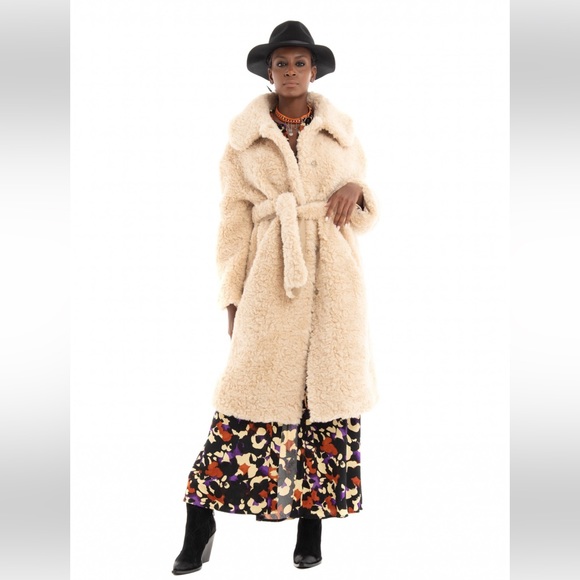 JAKKE Katrina Free People Faux Fur Coat Biscuit Size 10 Mob Wife Aesthetic Belt - Picture 5 of 14